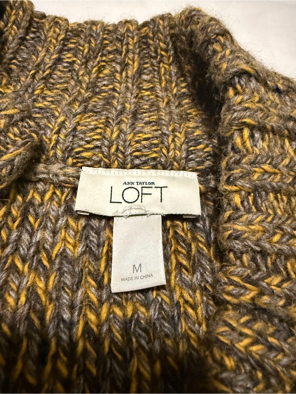 LOFT Marled Mustard and Taupe Chunky Knit Cardigan